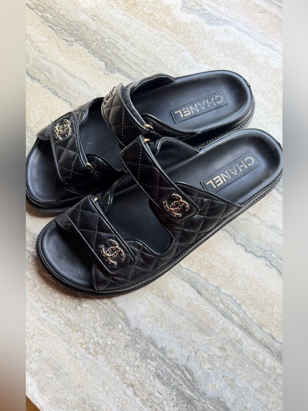 CHANEL Black Quilted Leather Double-Strap Slide Sandals with Gold CC